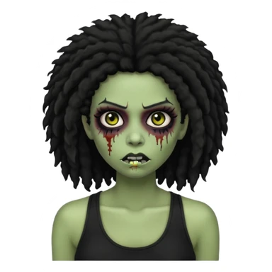 a female zombie with sage green skin, black long afro hair, eyelashes and a black tank top in apple emoji style sticker
