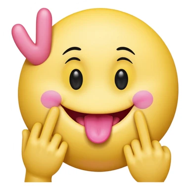 The image is a digital illustration of a yellow smiley face with big, round eyes and a big smile. The face is holding a pink tongue sticking out and making a 67 with its fingers. Above the face, The background is white. sticker