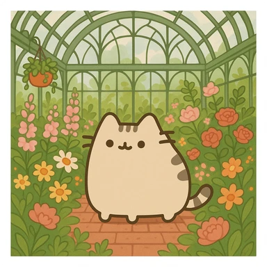 beige pusheen-style kitten in a botanical garden greenhouse filled with flowers sticker