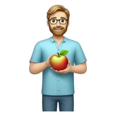 A male nutritionist with a full beard and dark blonde hair and white skin, with glasses, holding an apple in his hand. Who has a light blue shirt on sticker