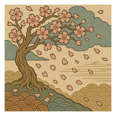 cherry blossom tree with petals falling, ukiyo-e style illustration sticker