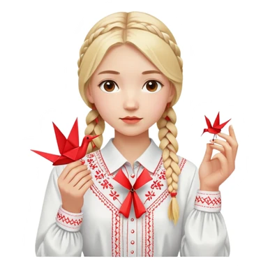 Ukrainian young girl with blonde braided hair wearing a white traditional embroidered shirt (vyshyvanka) holding a red origami paper crane in her hands sticker