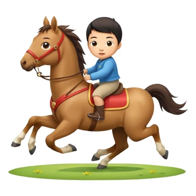 l little chinese baby riding on a  cute horse running really fast on the grass with 2026 year's label sticker