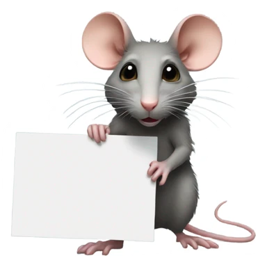 RAT, its right side turned, looking to the right, holds a blank sign sticker