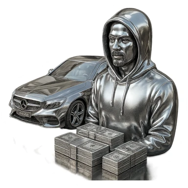 Edit the Indian man to wear a hoodie with a chrome hood, keep his goatee, add money on the side, and make the AMG car chrome. Keep the background transparent. sticker