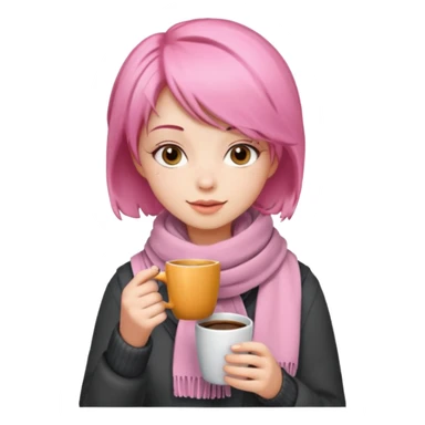 a girl with pink short layer hair, having scarf,  drink coffee, enjoy sticker