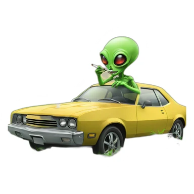 alien in classic car smoking grass sticker