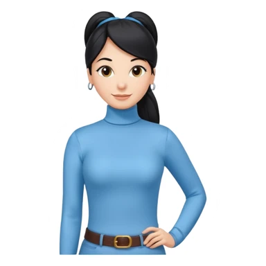 cewe ramah Kulit putih bersih, rambut hitam panjang sleek lurus, diikat half ponytail. Pakai atasan biru muda turtleneck. Pose tangan di pinggang, tatapan senyum percaya diri. sticker