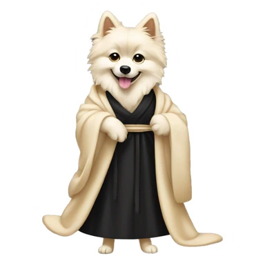 Cream Spitz stands on its hind legs in heels and in a black robe  sticker