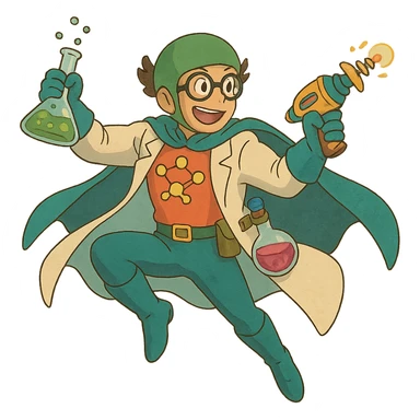ghibli style chemistry superhero in dynamic pose with science gadgets and vibrant colors sticker