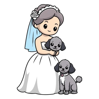 beautiful girl in a wedding dress hugging a small gray poodle sticker