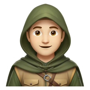 Clash of Clans aesthetic Cheerful Ranger Portrait Emoji, With a bright, confident expression and an alert, relaxed stance, showcasing a streamlined, rugged build in natural tones with a hood and cloak blending with the forest, his face in natural skin tone, Simplified yet expressive features, highly detailed, glowing with a soft, luminous woodland radiance, high shine, upbeat and brave, stylized with an air of classic forest heroism, soft glowing outline, capturing the essence of a cheerful ranger ready to embark on epic woodland quests! sticker