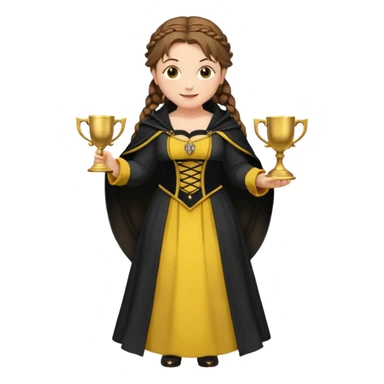 Helga Hufflepuff,brown-haired,2 braids,yellow-black medieval open dress,deep neckline,fat macromastia,black cloak decorated with gold braiding,gold cup with two handles,very kind smile,curvy busty sweet woman,round rosy cheeks,full length with medieval shoes sticker