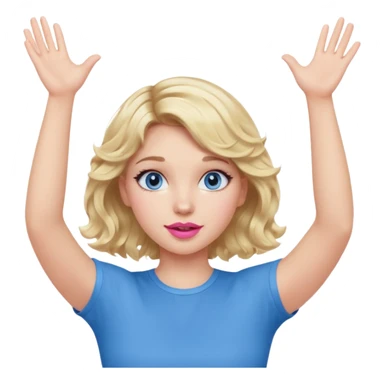 Girl Blonde short wavy hair,  blue eyes, cute blue top, long lashes, pink lips, both hand up in the air  sticker