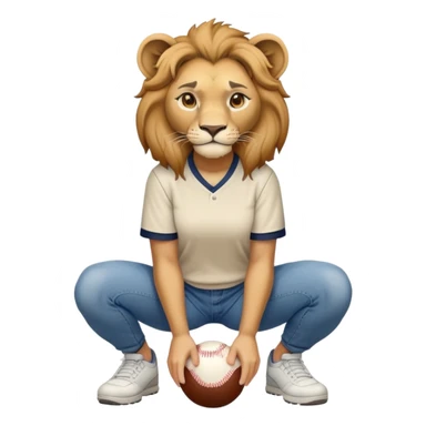 confident anthropomorphised female lion wearing a baseball shirt, jeans, trainers, squatting, empty hands sticker