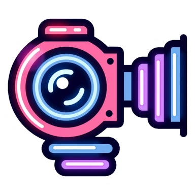 videographer's camera in pink and light blue colors, with neon glow lines, blue neon light on top left, purple neon light on bottom right sticker