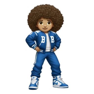 Lightskin boy with curly hair. Wearing a blue and white varsity with a fluffy letter B. and nike dunks and matching pants to jacket sticker
