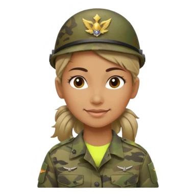 Apple emoji look — female soldier, no cap/helmet, bust, neutral smile, generic camo shirt, hair tied back, soft gradients, no weapon sticker