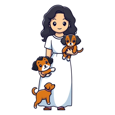 A beautiful girl with long black hair in a white dress holds a small brown curly-haired dog sticker