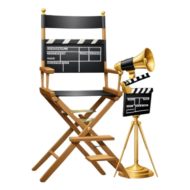 Icon for Directing: professional collage with director's chair, a film slate, a megaphone and an Oscar statuette. The icon should represent the creative and leadership aspects of directing, with focus on film and theater production. Transparent background. sticker