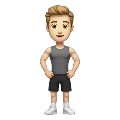 Full height Actively gesturing with hands Pale skinned Fit Man With the biceps and brown hair in dark gray Sleeveless Mike, black oversize sports shorts, watch and white Sneakers sticker