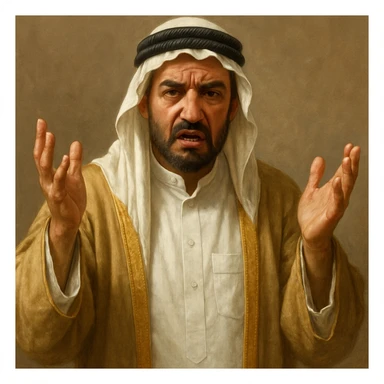 Сгенерируй араба в национальном  костюме, он чуть недоволен и размахивает руками, в стиле реалистичной живописи. . На однородном фоне sticker