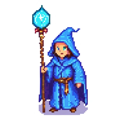 8-bit pixel art wizard yelling, blue robe, magic staff, classic NES palette sticker