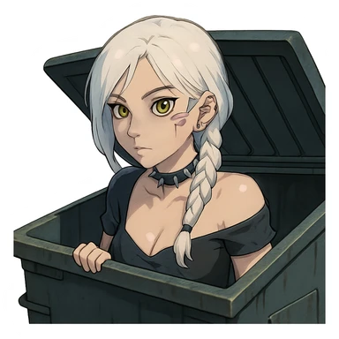 she is poking out from a garbage dumpster, a closeup portrait of young woman with gold yellow eyes, white hair, long braid, black off-shoulder top d-cup, punk gothic style, futuristic cyberwave cyberpunk, sticker