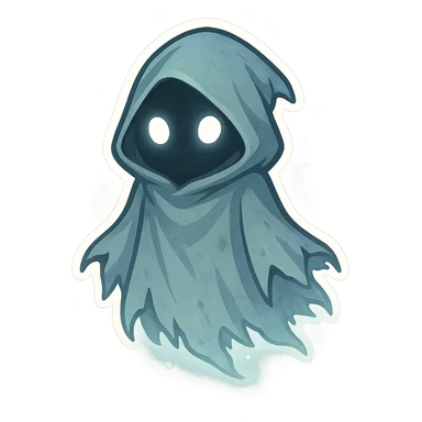 A ghostly, floating cloak with no visible face, only two glowing white eyes inside the hood. The cloak is semi-transparent, slightly tattered at the bottom, and emits a faint glow or mist. Mysterious and eerie vibe, chibi-style, cartoonish but spooky. sticker