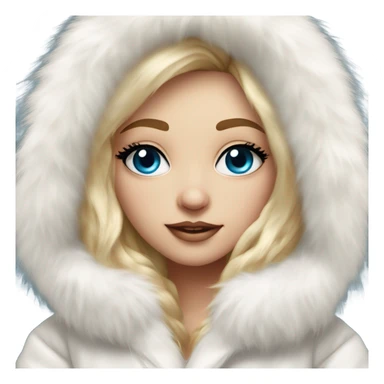 Beautiful Girl with lashes and blue eyes, blonde hair, in a extremely big fluffy oversized white fur coat with hood on. The fur is real and it’s very obvious big and fluffy  sticker