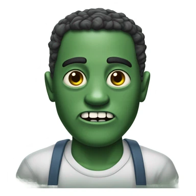 Zumbi com pele verde-acinzentada, olhos grandes e amarelados, boca aberta e ferimento exposto na bochecha esquerda. Cabelos loiros-ruivos e camisa neutra. sticker