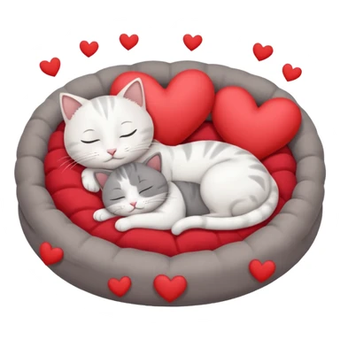 White cat and gray cat sleeping in a bed full of hearts sticker