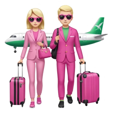 Девушка и мужчина вдвоем стоят в аэропорту с чемоданами. На фоне самолет в и табло с рейсами. Девушка в спортивном розовом , мужчина тоже в спортивном зеленом . Девушка держит дамскую сумку розовую. Мужчина держит фотоаппарат в руке и на нем солнцезащитные очки черного цвета  sticker
