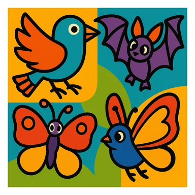 a group of animals with wings including a bird, a butterfly, and a bat in vibrant toon style sticker
