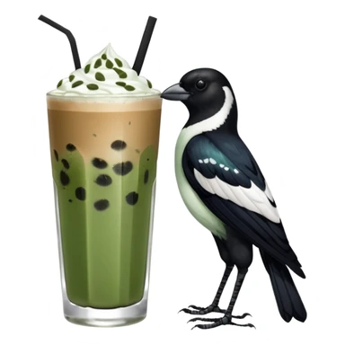  ONE Australien Magpie (just black and white feathers) sitting on an iced matcha latte on the edge of the glass. magpie has green matcha on its beak. matxha latte is in a see through glass and white from thr milk on the bottom and green without seeds on top… one straw & ice cubes sticker