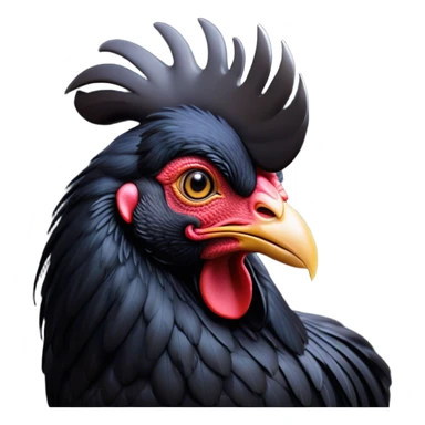 Cinematic Noble Black Rooster Portrait Emoji, Poised and regal, with a robust, commanding build and a sleek, well-groomed pure black plumage, deep-set soulful piercing eyes, Simplified yet sharp and sophisticated features, highly detailed, glowing with a soft, dignified glow, high shine, intelligent and proud, stylized with an air of mysterious majesty, focused and attentive, soft glowing outline, capturing the essence of a watchful and confident leader, so majestic it feels as though it could crow out of the screen with effortless authority! sticker