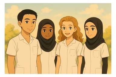 Transform the scene into Ghibli style: four nursing students standing side by side without touching, warm atmosphere, wearing short-sleeved white uniforms without undershirts or stethoscopes, soft and bright background, maintain the diversity of the group. sticker
