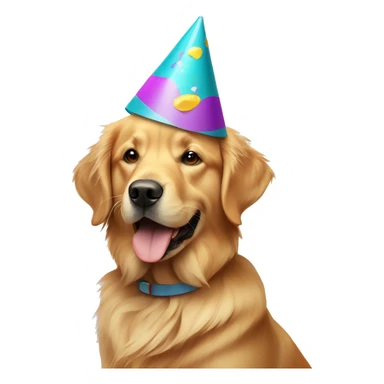 Golden retriever wearing a party hat sticker