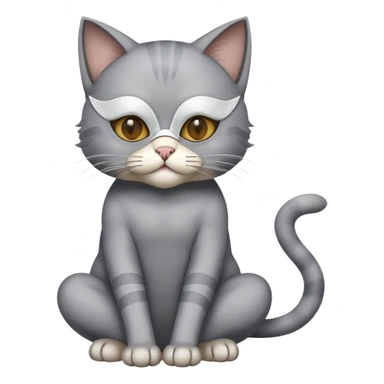 gray cat full body sitting with a mask sticker