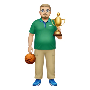  full body white obese male basketball coach with trophy. Goatee , Wearing glasses and blue and green nike polo shirt and khaki pants sticker