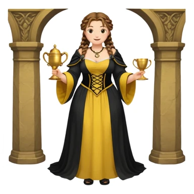 Helga Hufflepuff,brown-haired,2 braids,yellow-black medieval open dress,deep neckline,fat macromastia,black cloak decorated with gold braiding,gold cup with two handles,very kind smile,curvy busty sweet woman,round rosy cheeks,full length with medieval shoes sticker