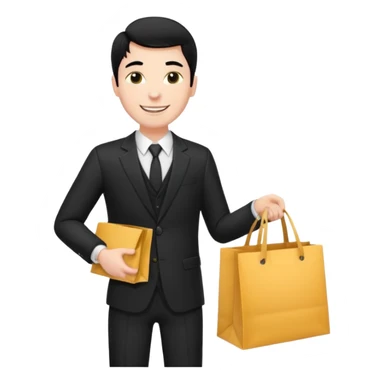 a white man black hair in a black suit with clothing shopping bag sticker