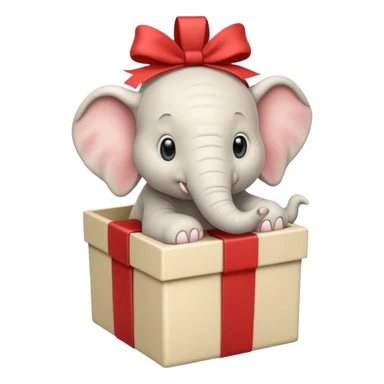A white elephant popping out of a gift box sticker