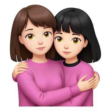 girl in pink sweater with brown hair and bangs hugs girl in yellow sweater with black hair sticker