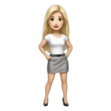 hyperrealistic caucasian long blonde brown eyes woman white top gray tight mini skirt black high heels sticker