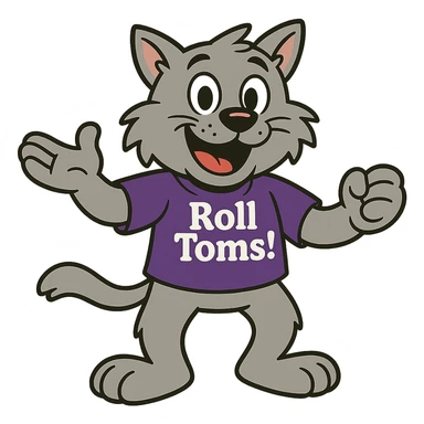 Make Tommie the Tomcat look more cartoonish in a friendly and spirited pose, keeping the purple t-shirt with 'Roll Toms!' text, no background. sticker