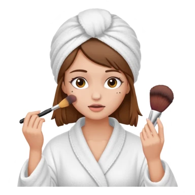 Girl with brown hair in white dressing gown and white towel wrapped in her head doing her makeup sticker