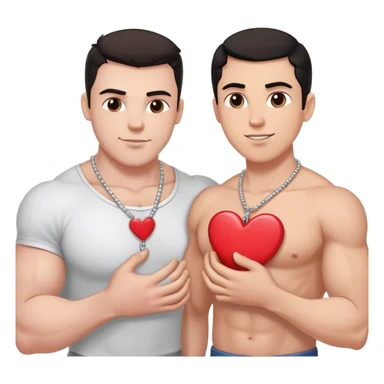One large white muscular man with dark hair and one smaller white thin man each holding pieces of a heart shaped necklace that says best friends forever  sticker