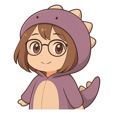 Edit the image to depict a chibi anime style girl with glasses, brown hair, dark purple eyes, wearing a purple dinosaur costume, happy expression, with her arm down, no background, same style as the reference image. sticker