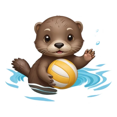 super cute baby otter floating on clearly visible blue water with waves, tiny baby otter with big eyes holding a volleyball with both small paws above water sticker